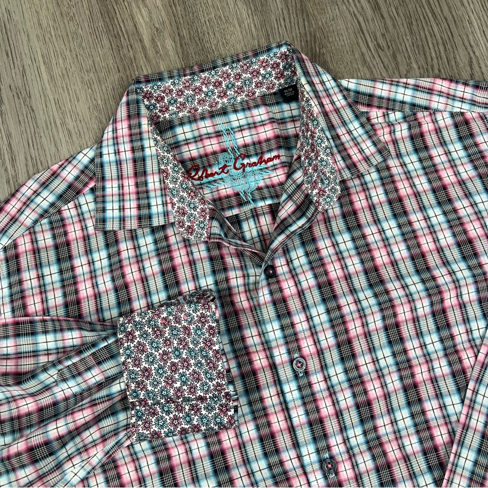 Robert Graham Mens M Plaid Pink Blue Long Sleeve Button Up Dress Shirt Flip Cuff